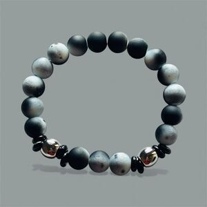Handmade Coated Glass 10mm Beaded Bracelet 7.5" Man Woman Black Grey And Silver